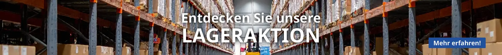 Werbebanner mit der Aufschrift Entdecken Sie unsere Lageraktion in weißer Schrift. Im Hintergrund ein großes Lager mit Regalen voller Kartons. Rechts das Logo der Handwerkstadt in den Farben Orange, Schwarz und Grün sowie ein orangefarbener Button mit der Aufschrift Jetzt entdecken ...