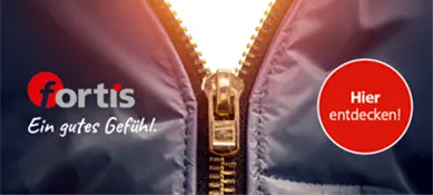 Links das Logo von fortis mit dem Slogan Ein gutes Gefühl. Rechts ein roter Button mit der Aufschrift Hier entdecken! Im Hintergrund ein geöffneter Reißverschluss.