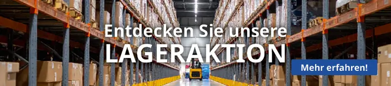 Werbebanner mit der Aufschrift Entdecken Sie unsere Lageraktion in weißer Schrift. Im Hintergrund ein großes Lager mit Regalen voller Kartons. Rechts das Logo der Handwerkstadt in den Farben Orange, Schwarz und Grün sowie ein blauer Button mit der Aufschrift Jetzt entdecken ...