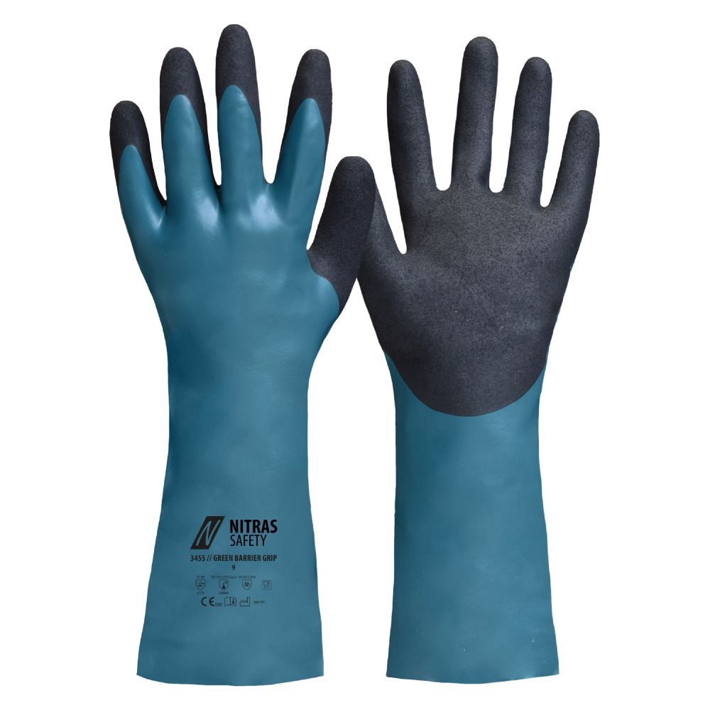 NITRAS GREEN BARRIER GRIP, Chemikalienschutzhandschuhe, petrol / schwarz, EN 388, EN ISO 374 Produktbild img1 L