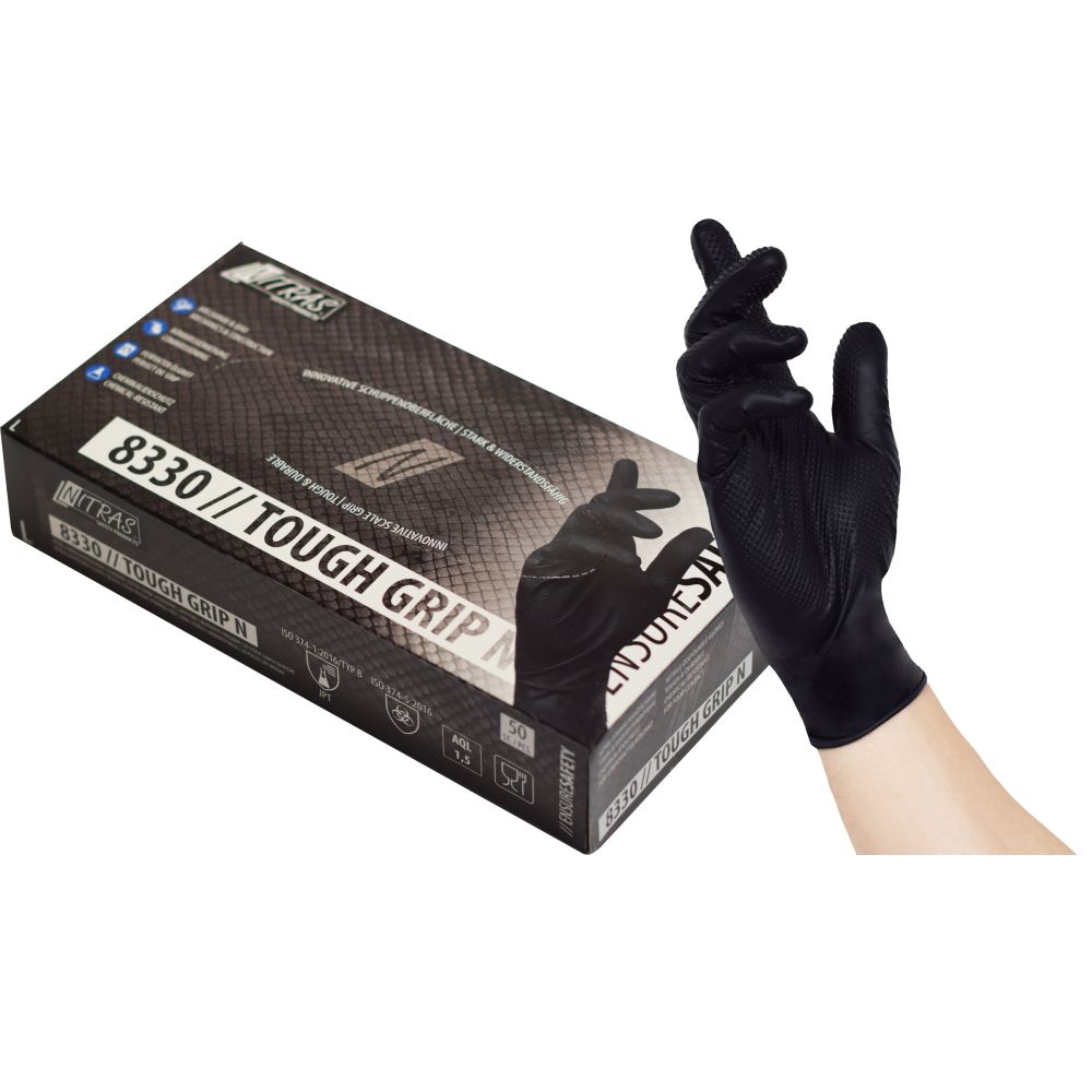 NITRAS TOUGH GRIP N, Nitril-Einmalhandschuhe, schwarz, EN ISO 374, Box à 50 Stück Produktbild img1 L