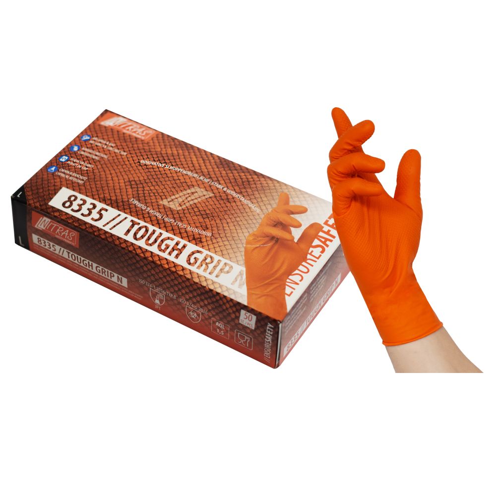 NITRAS TOUGH GRIP N, Nitril-Einmalhandschuhe, orange, EN ISO 374, Box à 50 Stück Produktbild img1 L