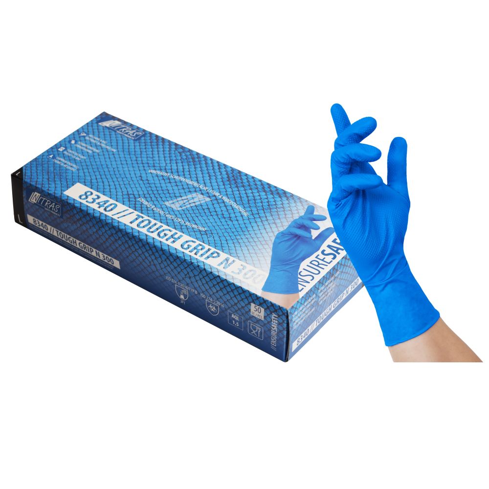 NITRAS TOUGH GRIP N 300, Nitril-Einmalhandschuhe, blau, EN ISO 374, Box à 50 Stück Produktbild img1 L