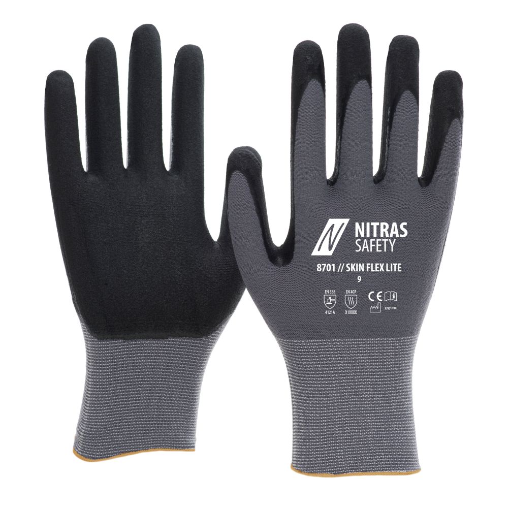 NITRAS SKIN FLEX LITE, Montagehandschuhe, grau / schwarz, EN ISO 21420, EN 388, EN 407, OEKO-TEX Produktbild img1 L