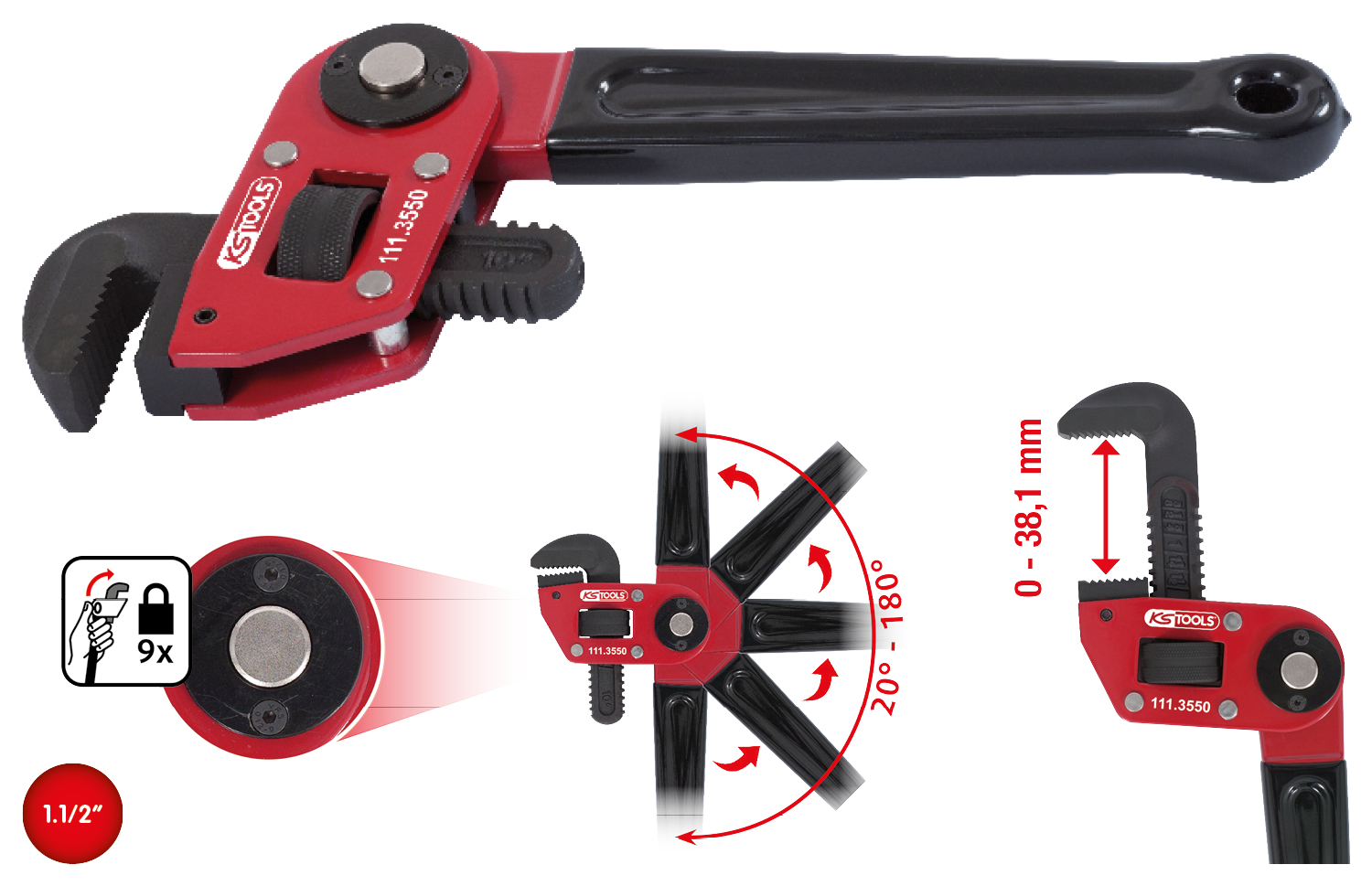 KS Tools Einhand-Rohrzange 1.1/2" mit verstellbarem Kopf Produktbild img1 L