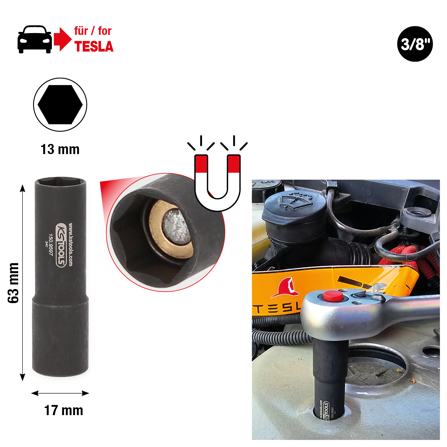 KS Tools 3/8" Stecknuss zur Federbeinmontage für Tesla, magnetisch Produktbild img1 L