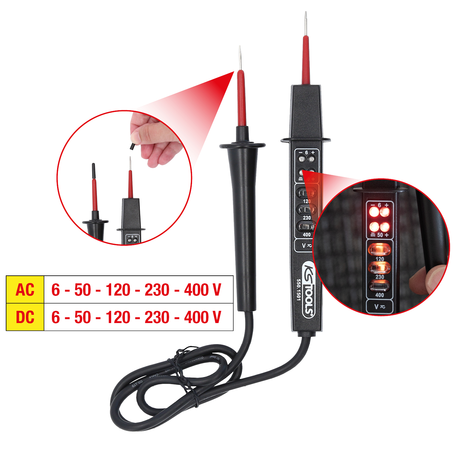 KS Tools Polaritäts- und Spannungsprüfer mit Schutzisolierung 6-400 V Produktbild img1 L