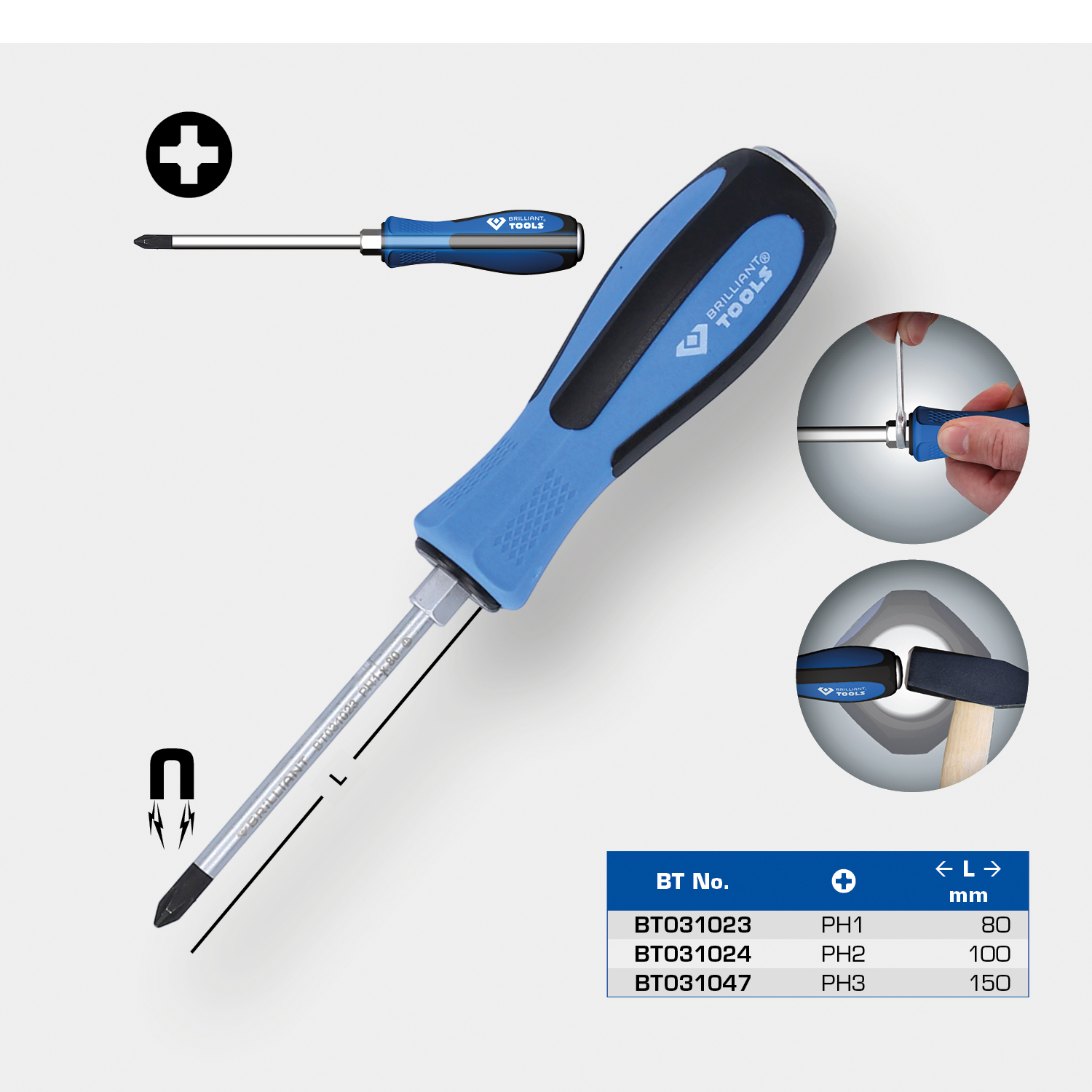 BRILLIANT TOOLS Schraubendreher Kreuzschlitz mit Schlagkappe, PH1 x 80 mm Produktbild img1 L