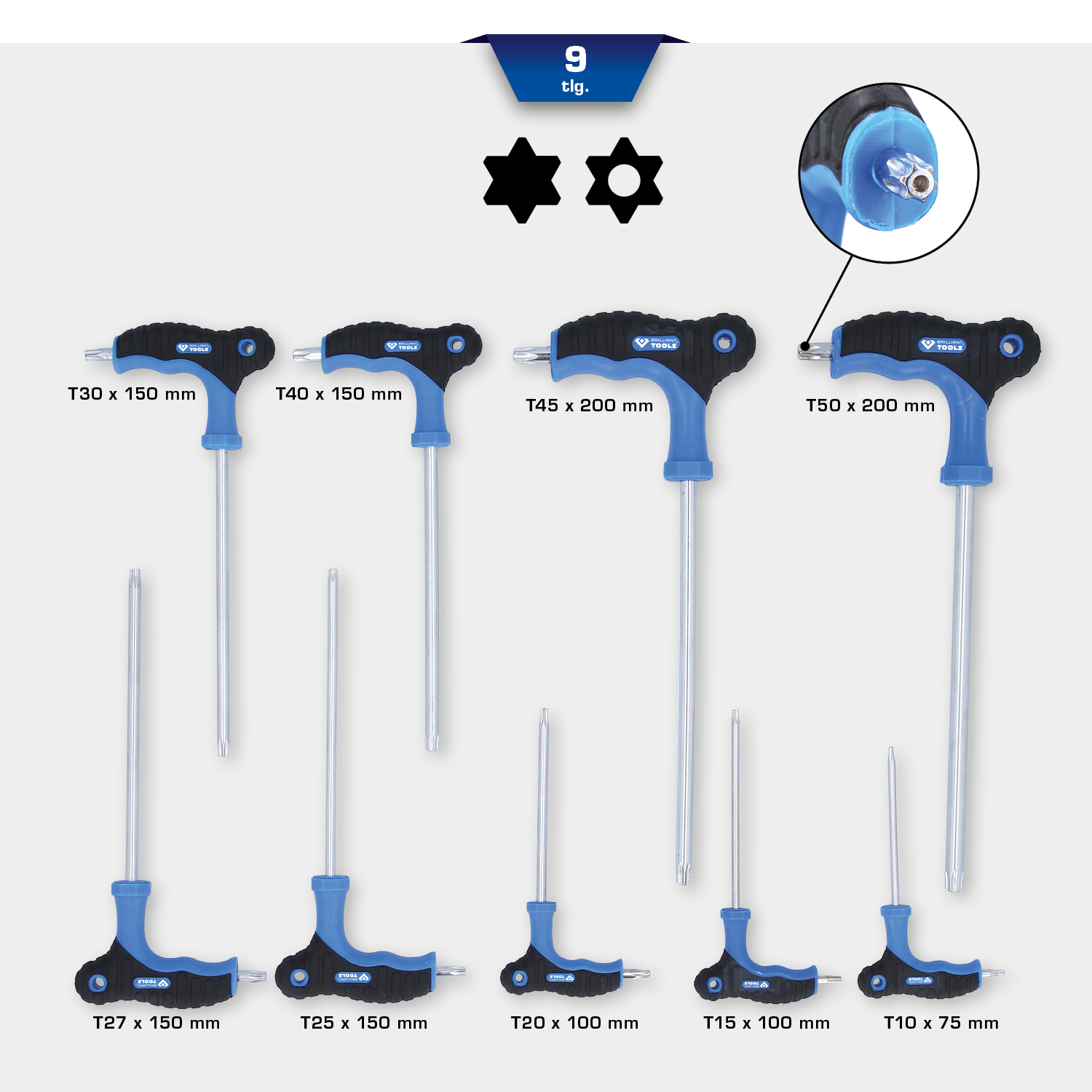 BRILLIANT TOOLS T-Griff-Torx® mit Stirnlochbohrung-Winkelstiftschlüssel-Satz, 9-tlg Produktbild img1 L