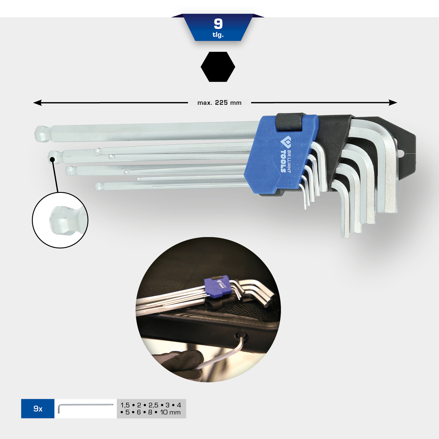 BRILLIANT TOOLS Winkelstiftschlüssel-Satz, 9-tlg, Innensechskant-Profil, lang Produktbild img1 L