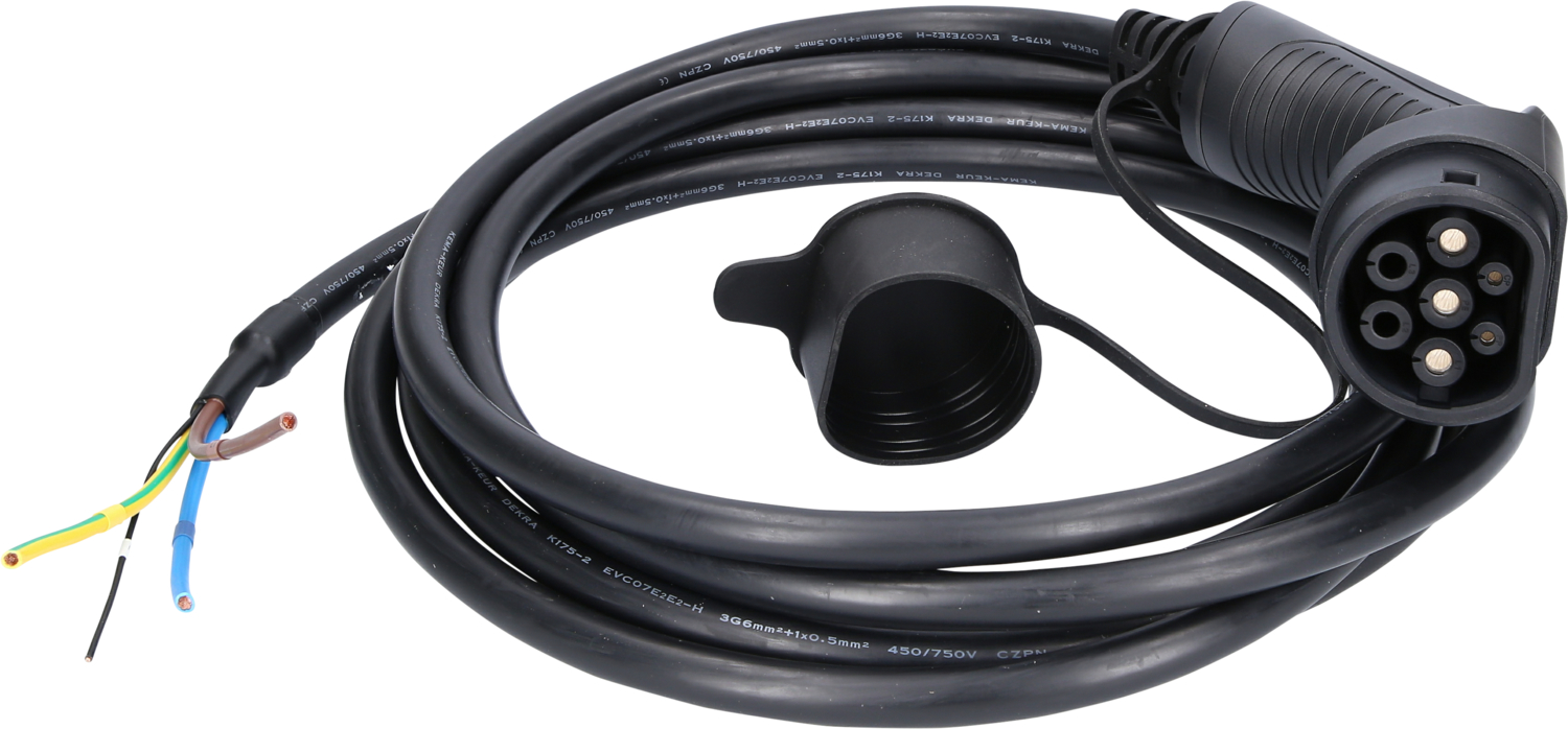 KS Tools efuturo Ladekabel gerade, Ende offen auf Typ 2 Stecker zum Anschluss an eine Wallbox, 1 Phase, bis zu 7,4 kW, 32 A, 230 V, Mode 3, 5 Meter Produktbild img1 L