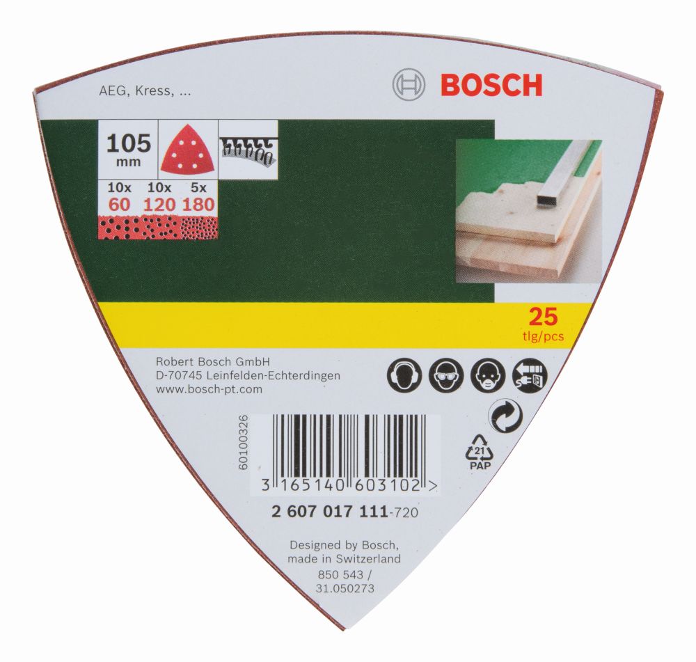 Bosch Schleifblatt-Set für Deltaschleifer, 25-teilig, 105mm, Körnung 60, 120, 180 Produktbild img2 L