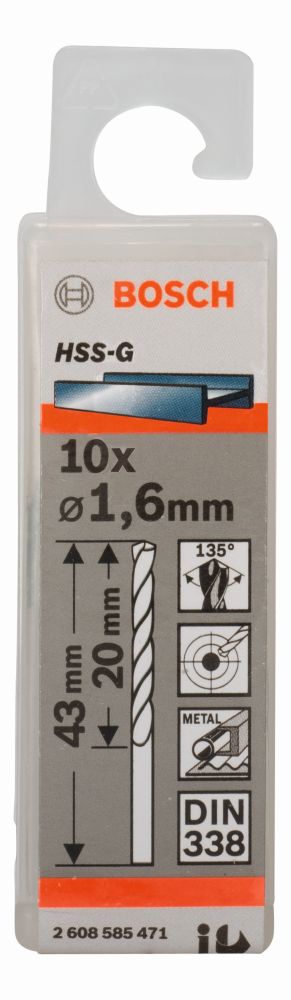 Bosch PRO Metal HSS-G Spiralbohrer, 1,6 x 20 x 43 mm, 10-tlg. Produktbild img1 L