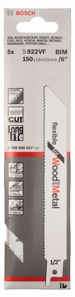 Bosch Säbelsägeblatt S 922 VF, Flexible for Wood and Metal, 5er-Pack Produktbild img2 L