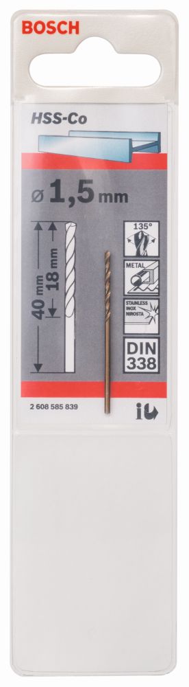 Bosch Metallbohrer HSS-Co, DIN 338, 1,5 x 18 x 40 mm, 1er-Pack Produktbild img1 L