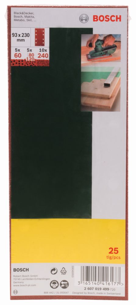 Bosch Schleifblatt-Set für Schwingschleifer, 25-teilig, 8 Löcher, 93 x 230mm, 60-240 Produktbild img2 L