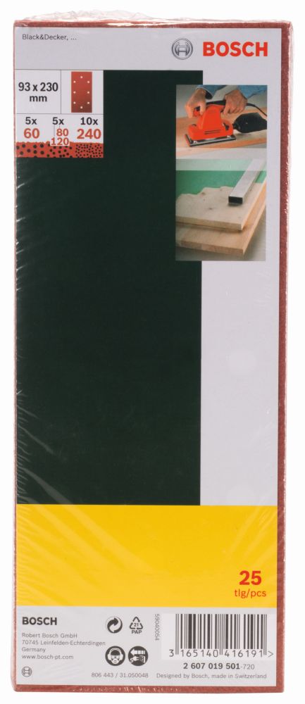 Bosch Schleifblatt-Set für Schwingschleifer, 25-teilig, 8 Löcher, 93 x 230mm, 60-240 Produktbild img2 L