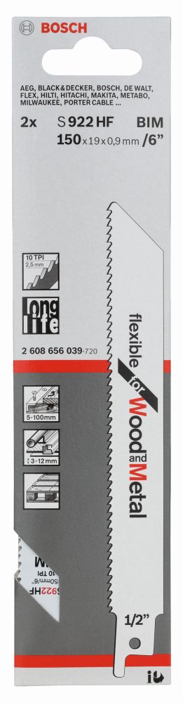 Bosch Säbelsägeblatt S 922 HF, Flexible for Wood and Metal, 2er-Pack Produktbild img2 L