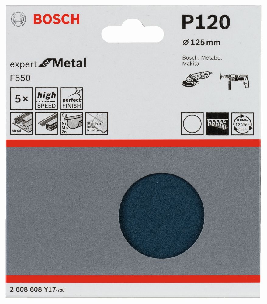 Bosch Schleifblatt F550, Expert for Metal, 125 mm, 120, ungelocht, Klett, 5er-Pack Produktbild img2 L