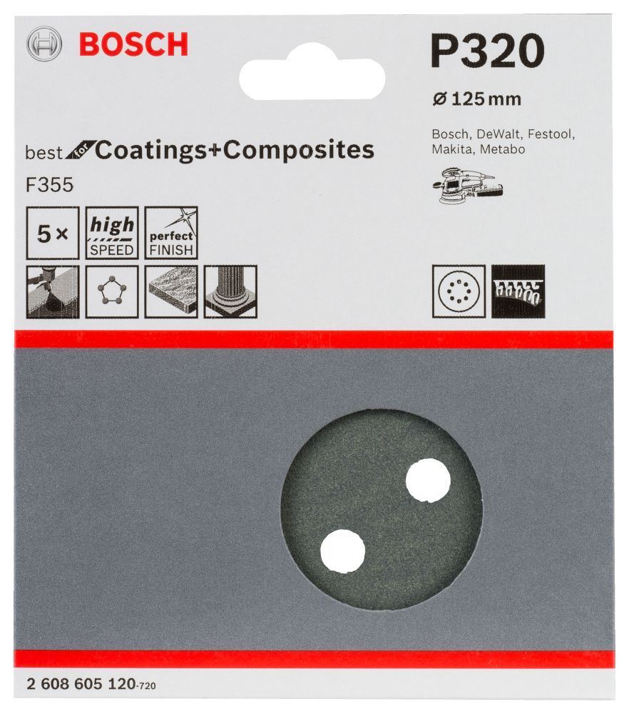 Bosch Schleifblatt F355 für Exzenterschleifer 5er-Pack 8 Löcher ø125mm Produktbild img6 L