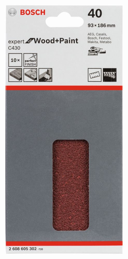 Bosch Schleifblatt C430, 93 x 186 mm, 40, 8 Löcher, 10er-Pack Produktbild img2 L