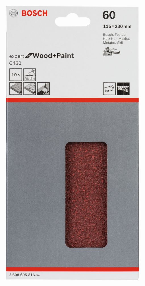 Bosch Schleifblatt C430, 115 x 230 mm, 60, 14 Löcher, 10er-Pack Produktbild img2 L