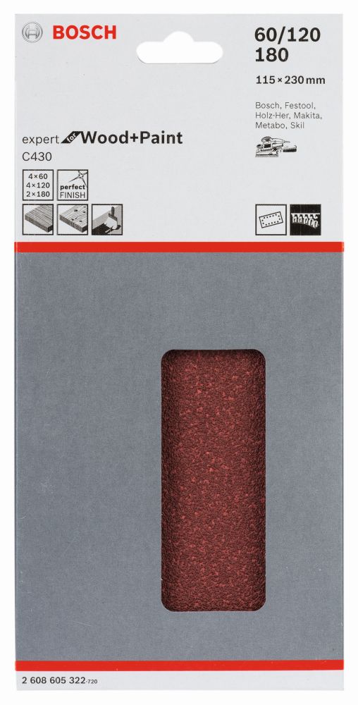 Bosch Schleifblatt C430 für Schwingschleifer 10er-Pack 14 Löcher 115x230mm gemischt Produktbild img2 L