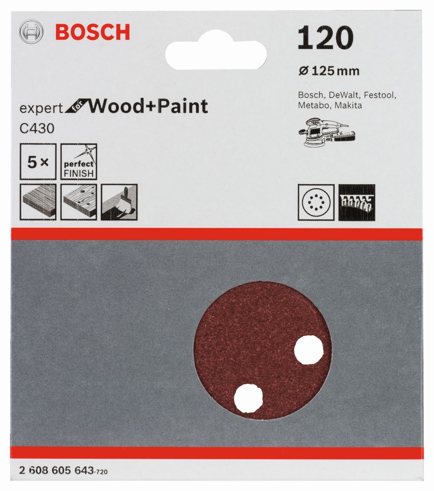 Bosch Schleifblatt C430, 125 mm, 120, 8 Löcher, Klett, 5er-Pack Produktbild img2 L