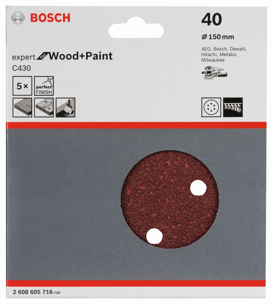 Bosch Schleifblatt C430, 150 mm, 40, 6 Löcher, Klett, 5er-Pack Produktbild img2 L
