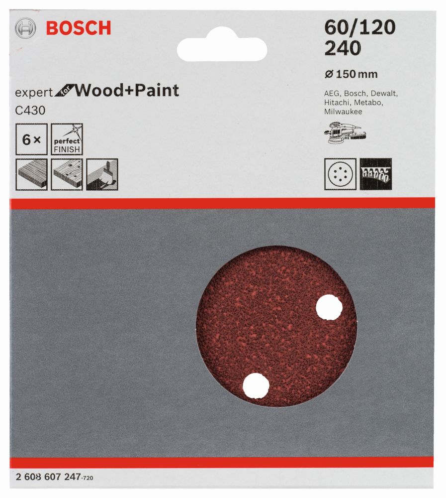 Bosch Schleifblatt C430, 6er-Pack, 6 Löcher, 150mm, Körnung 60, 120, 240 Produktbild img2 L