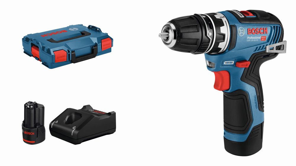Bosch PRO Akku-Bohrschrauber GSR 12V-35 FC mit 2x 3.0 Ah Li-Ion Akku, Aufsatz & L-BOXX Produktbild img1 L