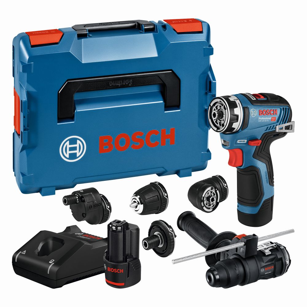 Bosch PRO Akku-Bohrschrauber GSR 12V-35 FC - FlexiClick, mit 4 x Aufsatz, 2x Akku GBA 12V 3.0Ah, Ladegerät GAL 12V-40, Zusatzhandgriff, L-BOXX Produktbild img1 L