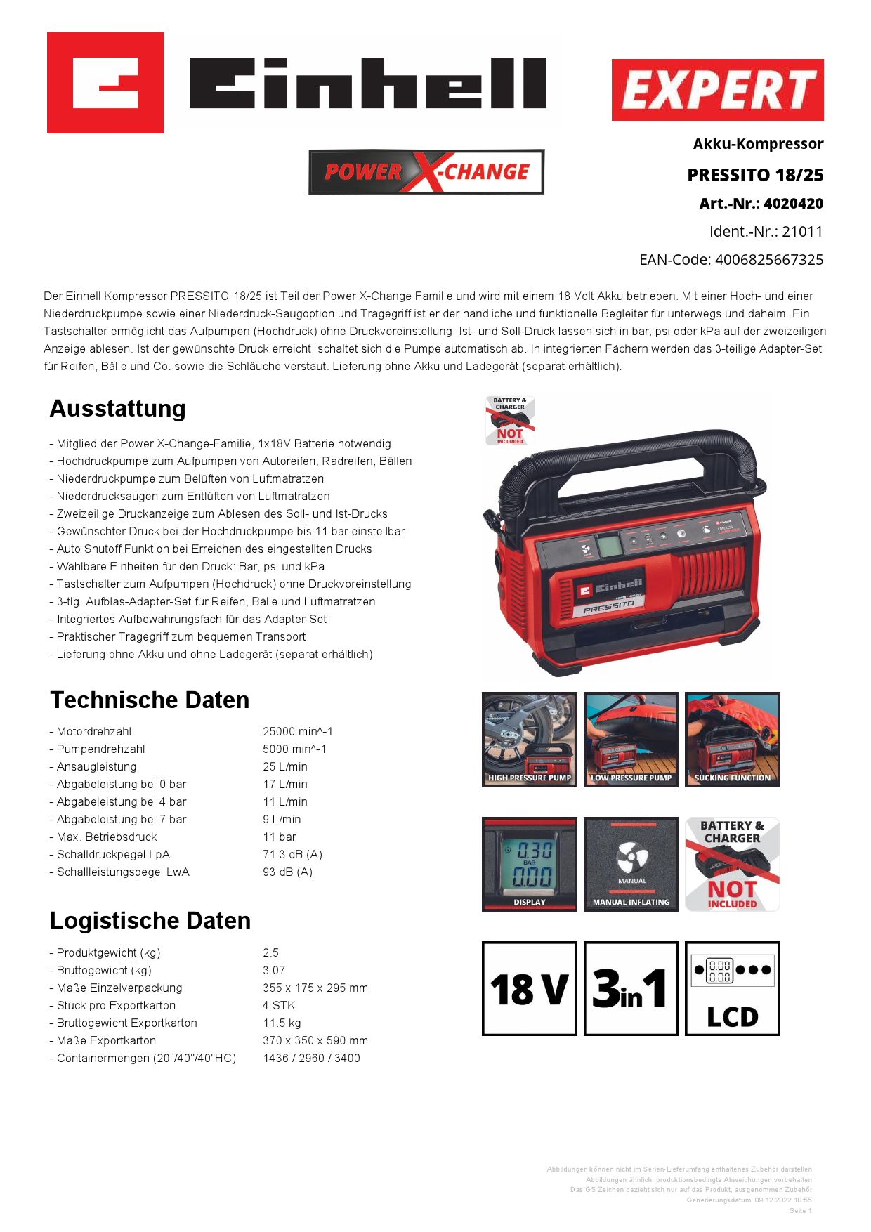 EINHELL Akku-Kompressor PRESSITO 18/25 Produktbild img8 L