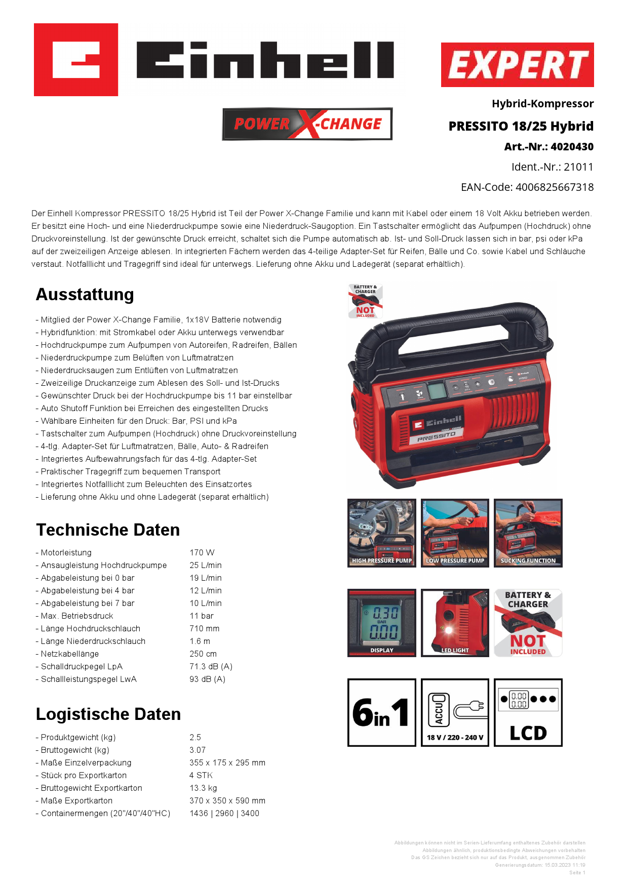 EINHELL Akku-Kompressor PRESSITO 18/25 H yrid Produktbild img7 L