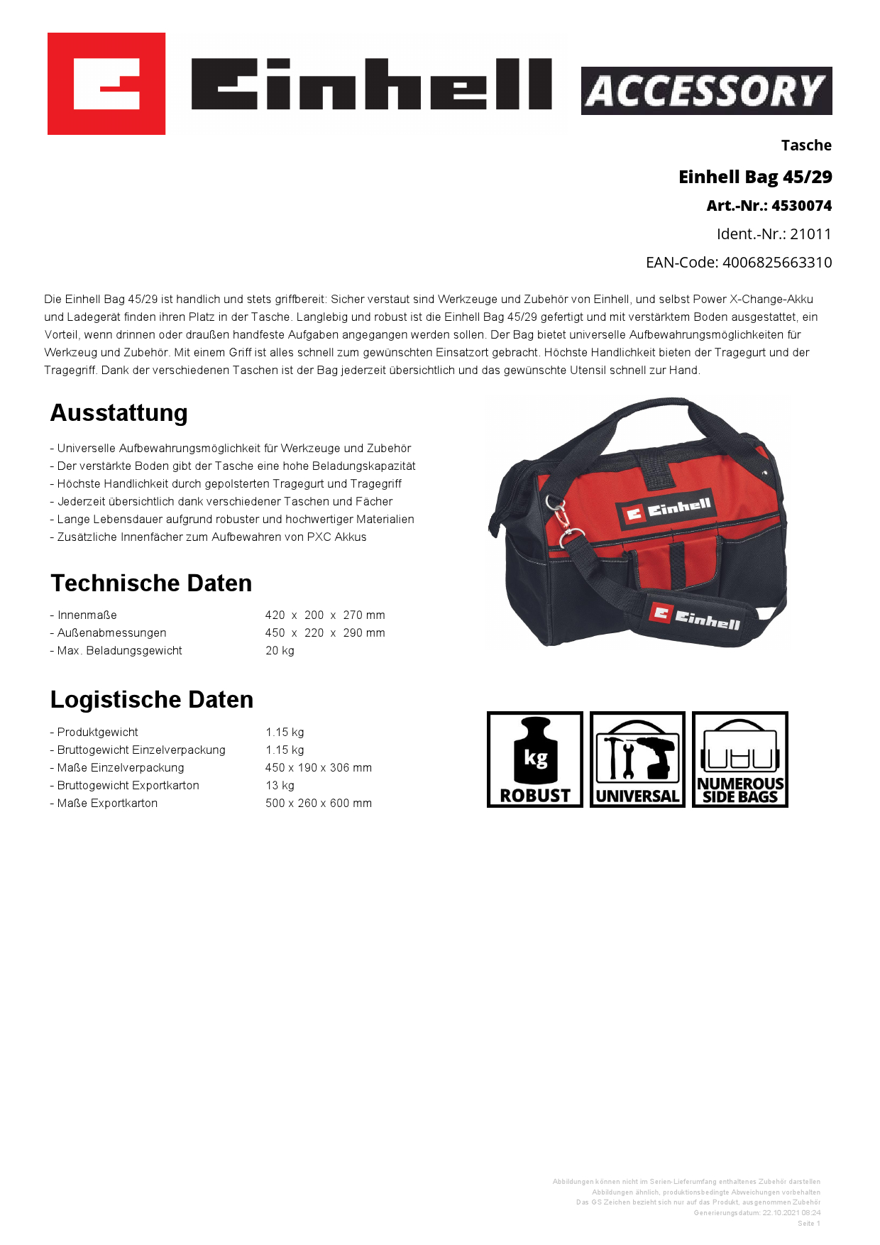 EINHELL Tasche Einh ag 45/29 Produktbild img2 L
