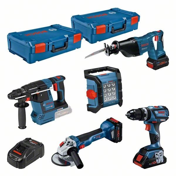 Bosch PRO 5 Tool Akku Set GSB+ GWS +GBH+ GSA+GLI 1x18,0 V 4,0 Ah + 2x 8,0 Ladegerät Produktbild img1 L