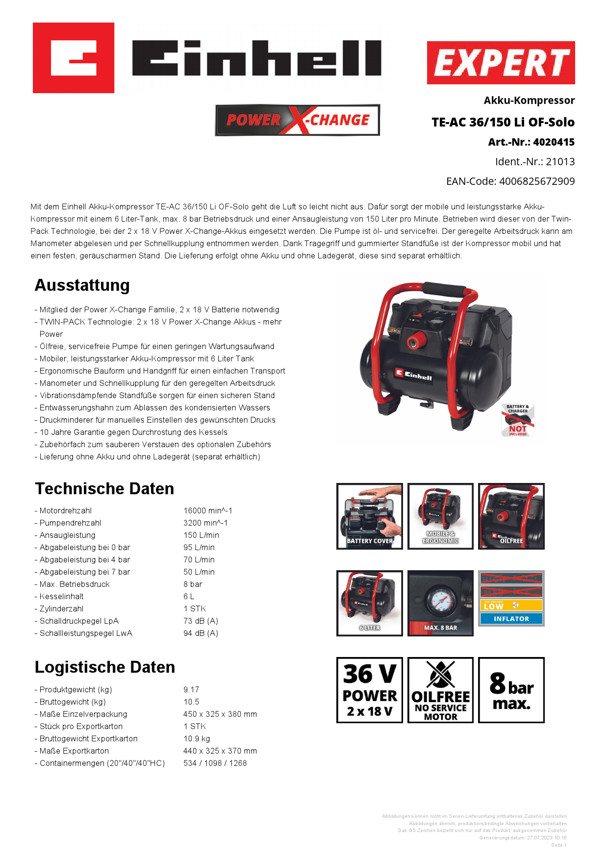 EINHELL Akku-Kompressor TE-AC 36/150 i O F-Soo Produktbild img3 L