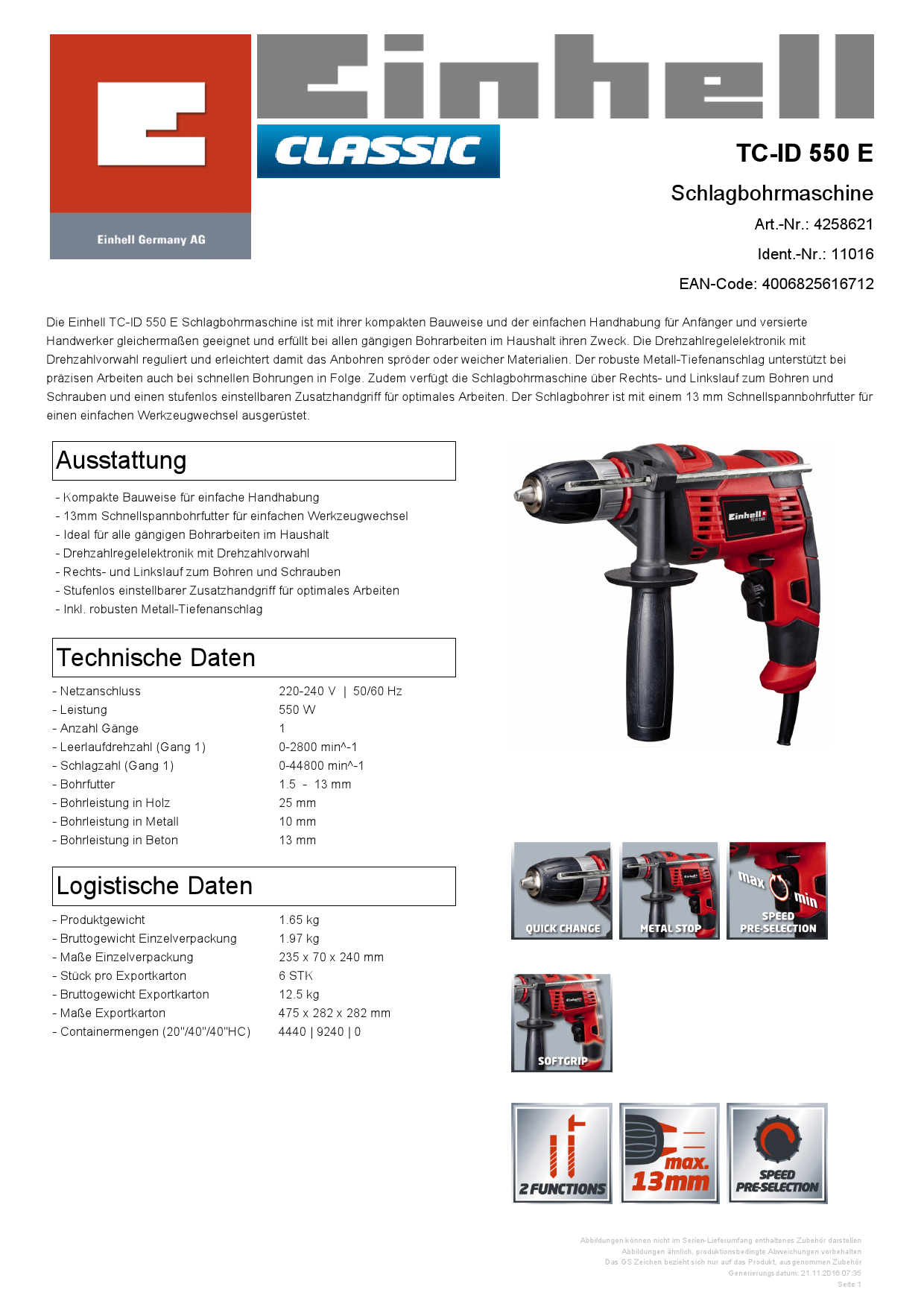EINHELL Schlagohrmaschine TC-ID 550 E Produktbild img3 L