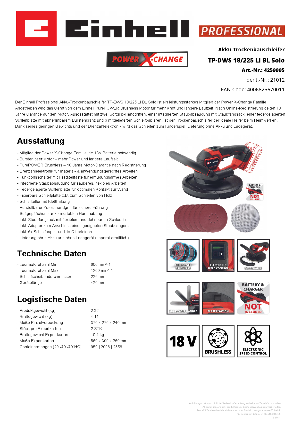 EINHELL TP-DWS 18/225 Li BL Solo Produktbild img5 L