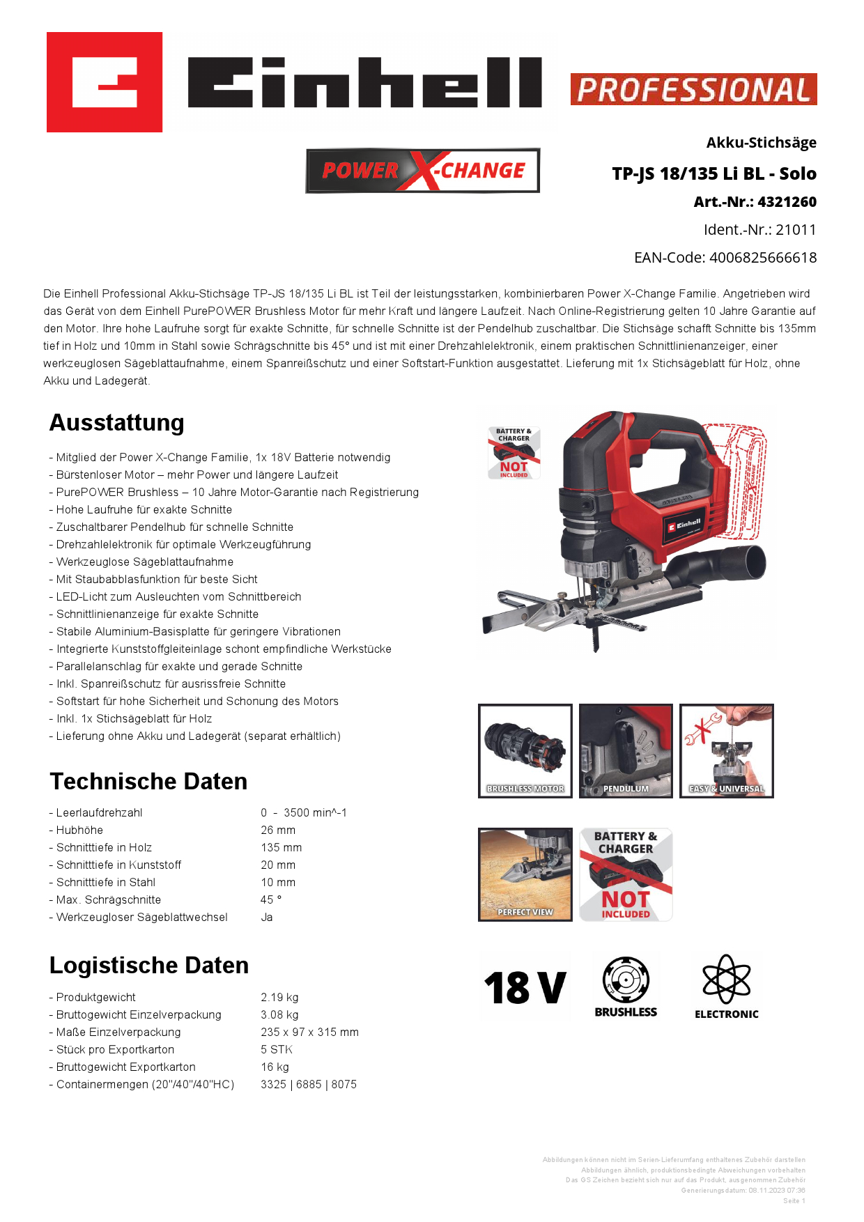 EINHELL Akku-Stichsäge TP-JS 18/135 i - Soo Produktbild img3 L