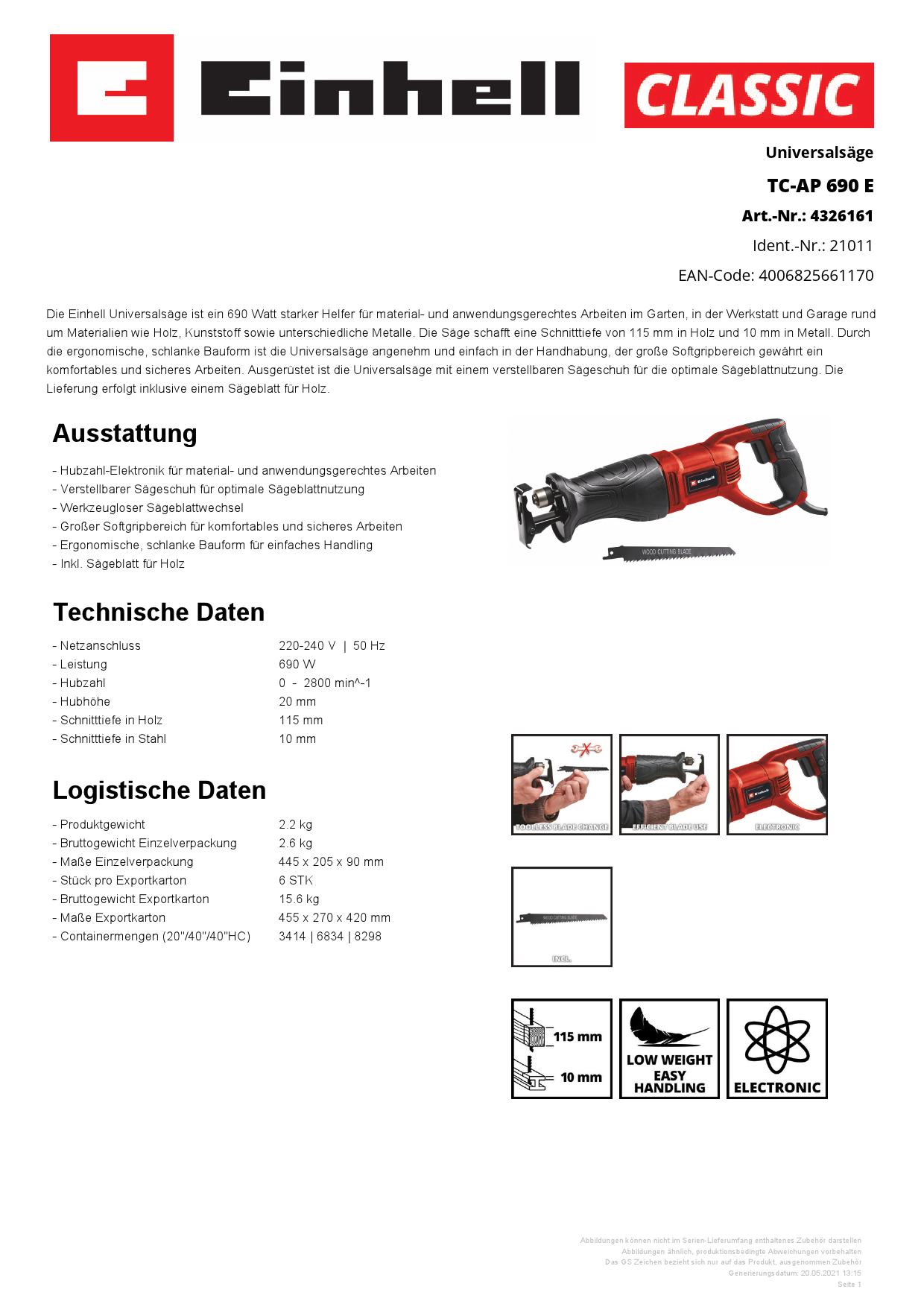 EINHELL Universalsäge TC-AP 690 E Produktbild img3 L