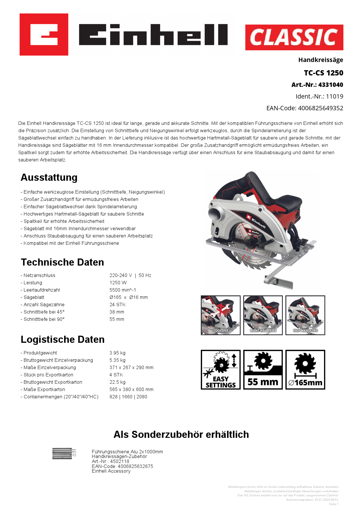 EINHELL Handkreissäge TC-CS 1250 Produktbild img3 L