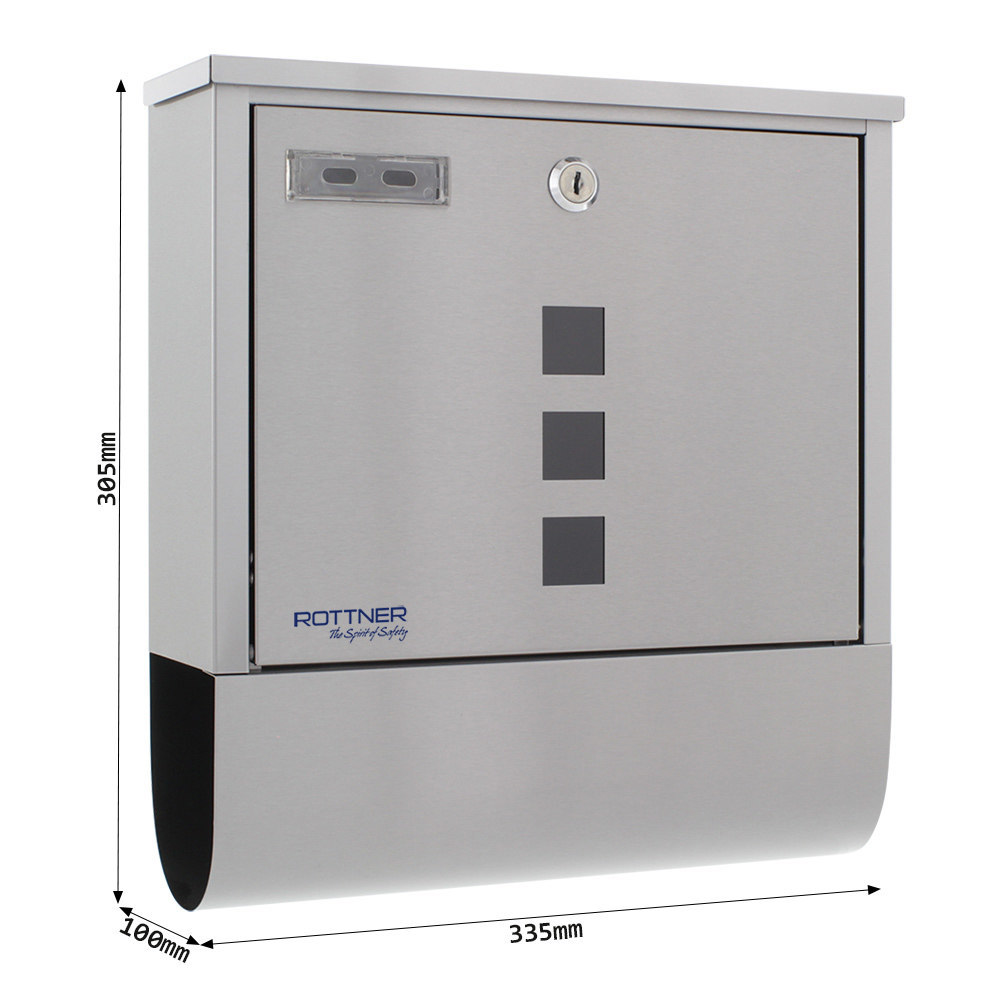 ROTTNER GA-Briefkasten, Costa,B 335mm, mit Zylinderschloss, edelstahlfarben matt geb. Produktbild img4 L