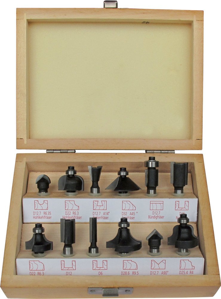 fortis Werkzeuge Fräser-Satz HW 12-teilig Schaft-ø8mm im Holzkasten Produktbild img1 L