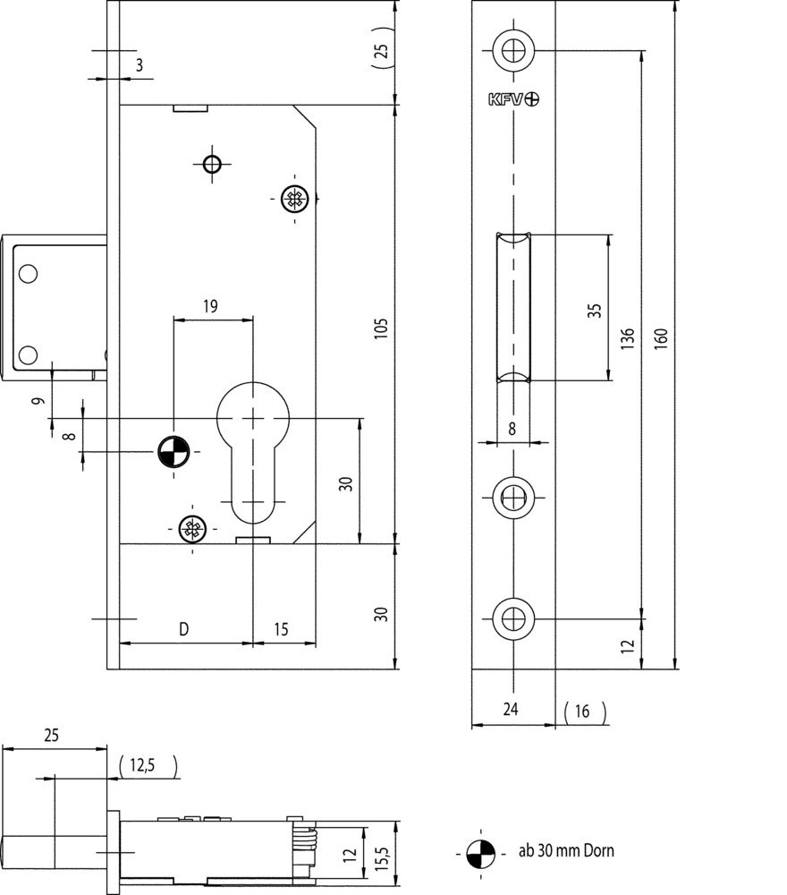 KFV Riegel-Einsteckschloss 60,PZ,D30,F24x160ktg,ER Produktbild img2 L
