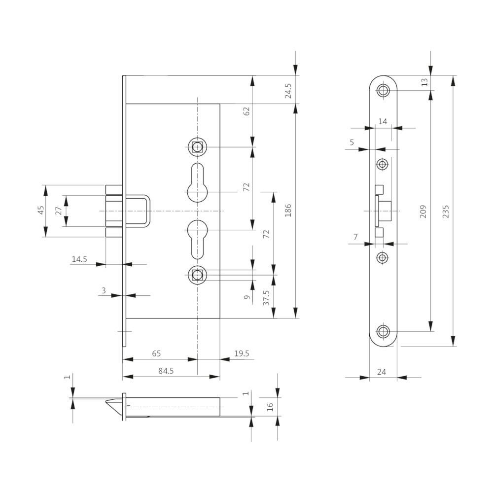 BKS Einsteckschloss B-11250,PZW72/9,D65,F24x235rd,Si Produktbild img2 L