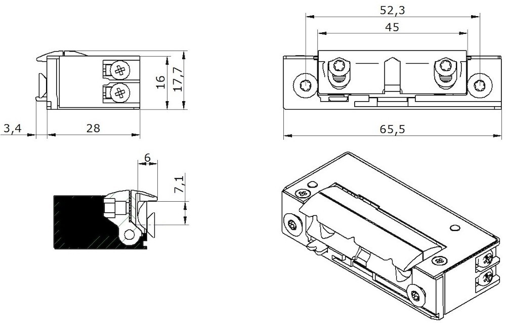 OPENERS & CLOSERS Elektro-Türöffner,Mit elektrischer Schutzdiode 51B10 AC/DC, B 16, H 65,5, T 28 Produktbild img5 L