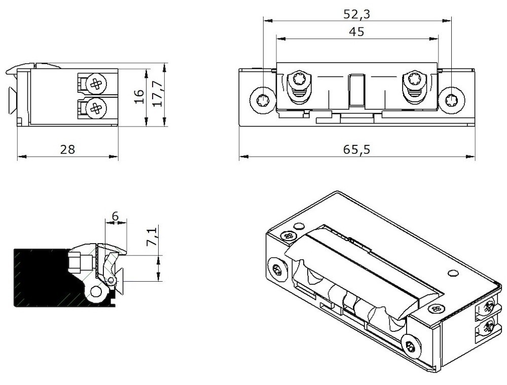 OPENERS & CLOSERS Elektro-Türöffner,mit Arretierung 52B10 AC/DC, B 16, H 65,5, T 28 Produktbild img5 L