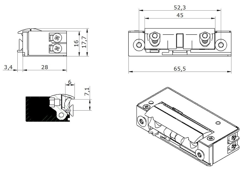 OPENERS & CLOSERS Elektro-Türöffner,Mit elektrischer Schutzdiode 53B10 AC/DC, B 16, H 65,5, T 28 Produktbild img5 L