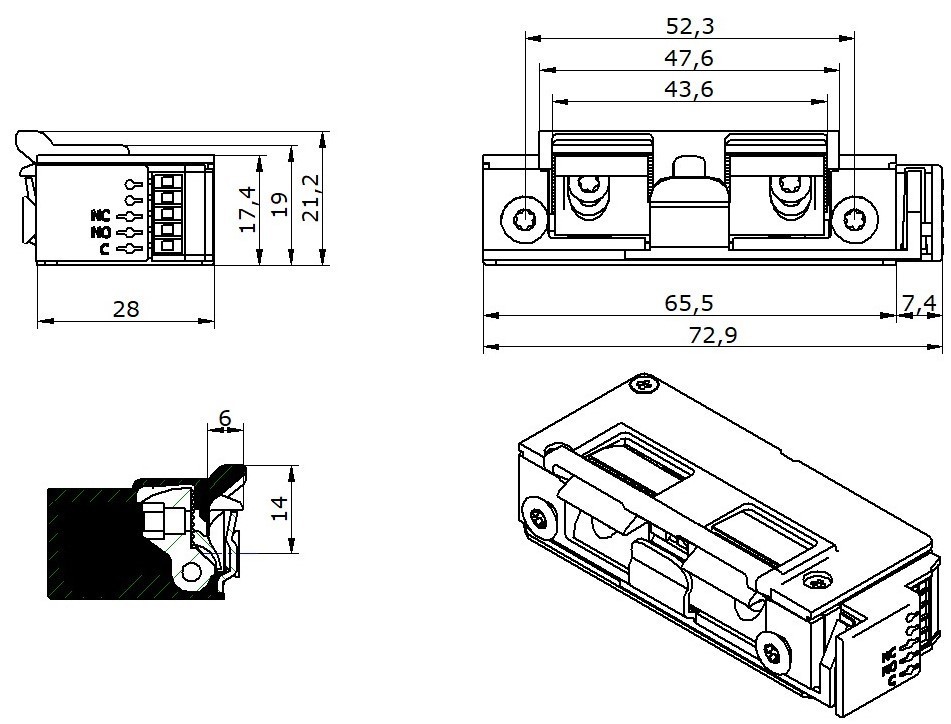 OPENERS & CLOSERS Elektro-Türöffner,mit Rückmeldekontakt 5U8X21 DC, B 17,4, H 72,9, T 31,4 Produktbild img5 L